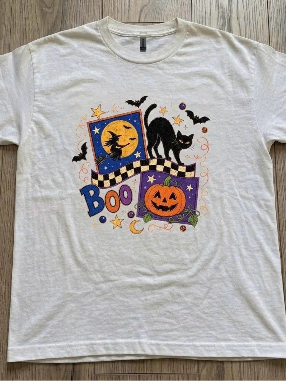 Gildan White Halloween Graphic Tee with Black Cat & Orange Pumpkin